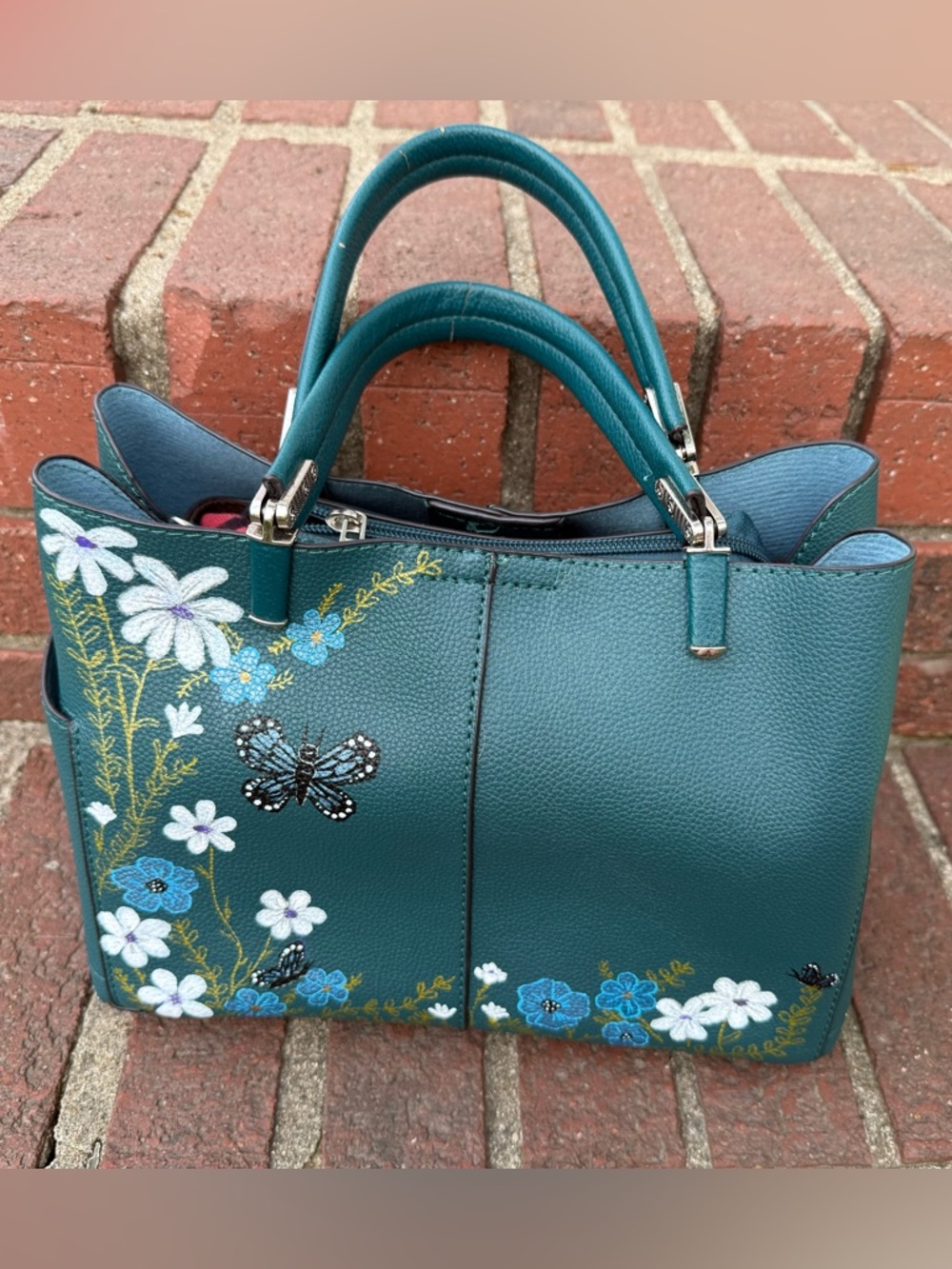 Hand-painted Teal Floral Top-Handle Tote Bag